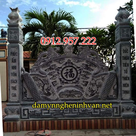 Bức bình phong cuốn thư đá lăng mộ đẹp 01 Bức bình phong lăng mộ bằng đá đẹp - Bình phong trước mộ
