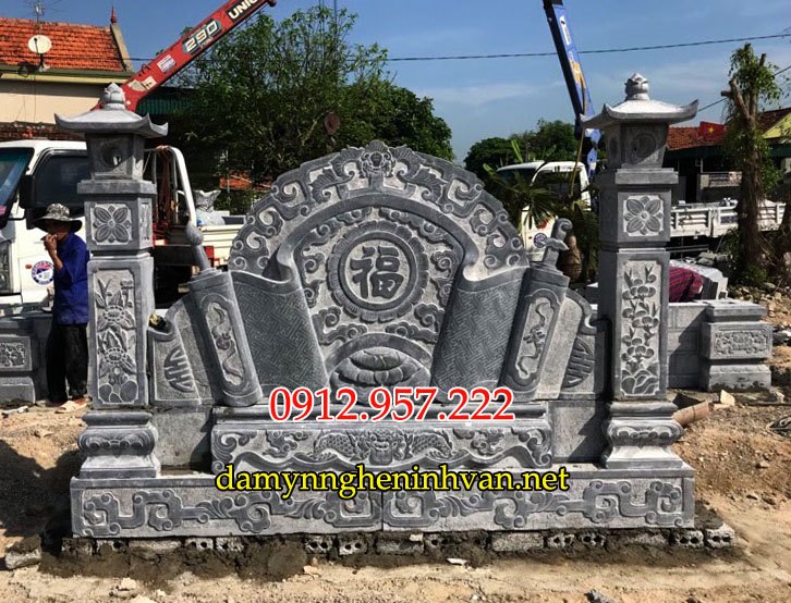 Bức bình phong cuốn thư đá lăng mộ đẹp Bức bình phong lăng mộ bằng đá đẹp - Bình phong trước mộ