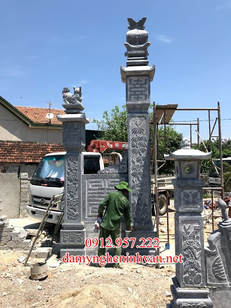 Cột trụ cổng nhà thờ họ bằng đá xanh đẹp Mẫu trụ đá đẹp vuông tròn cho nhà thờ họ đình chùa