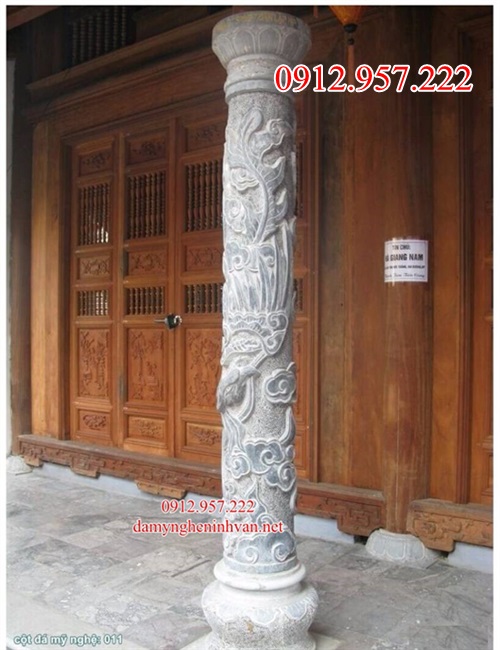 Trụ đá đẹp hình tròn được chạm rồng đẹp 21, Cột trụ đá hình tròn Mẫu trụ đá đẹp vuông tròn cho nhà thờ họ đình chùa
